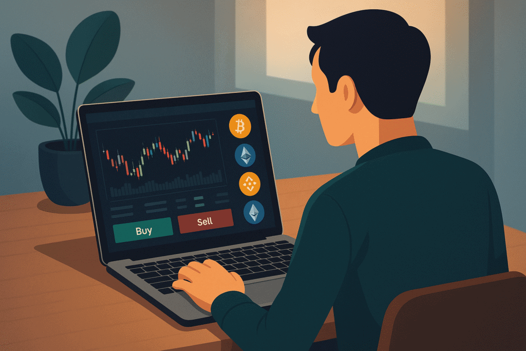 Person trading cryptocurrency privately on a laptop using KCEX exchange