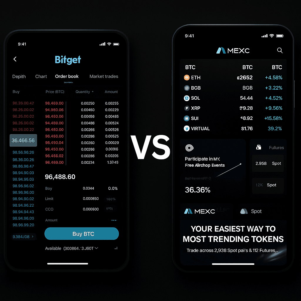 Side-by-side mobile trading interfaces of Bitget and MEXC exchanges