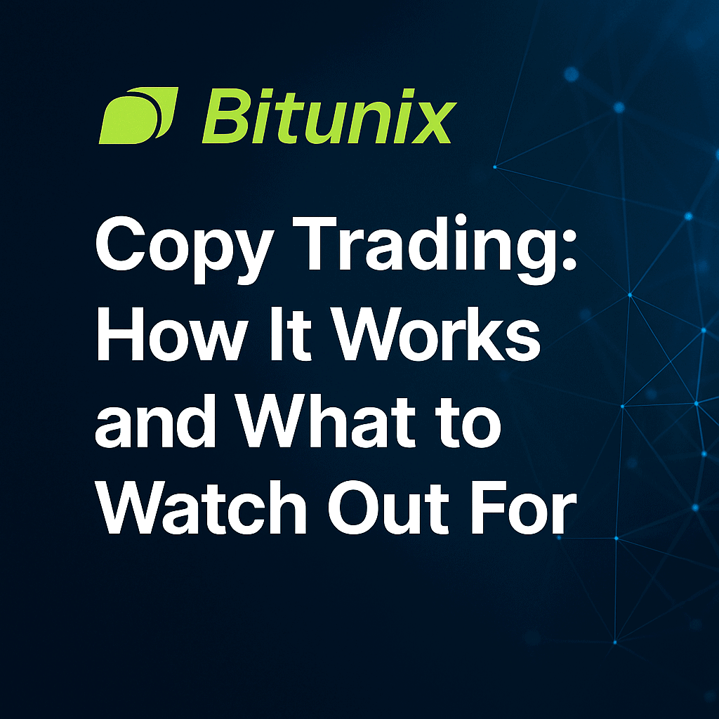 Bitunix logo and title “Copy Trading: How It Works and What to Watch Out For” on a dark blue tech background with glowing network nodes.