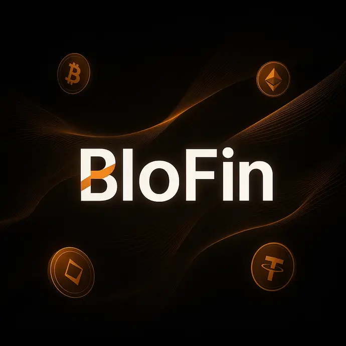 BloFin crypto exchange logo with glowing Bitcoin, Ethereum, and Tether coins on a dark digital background