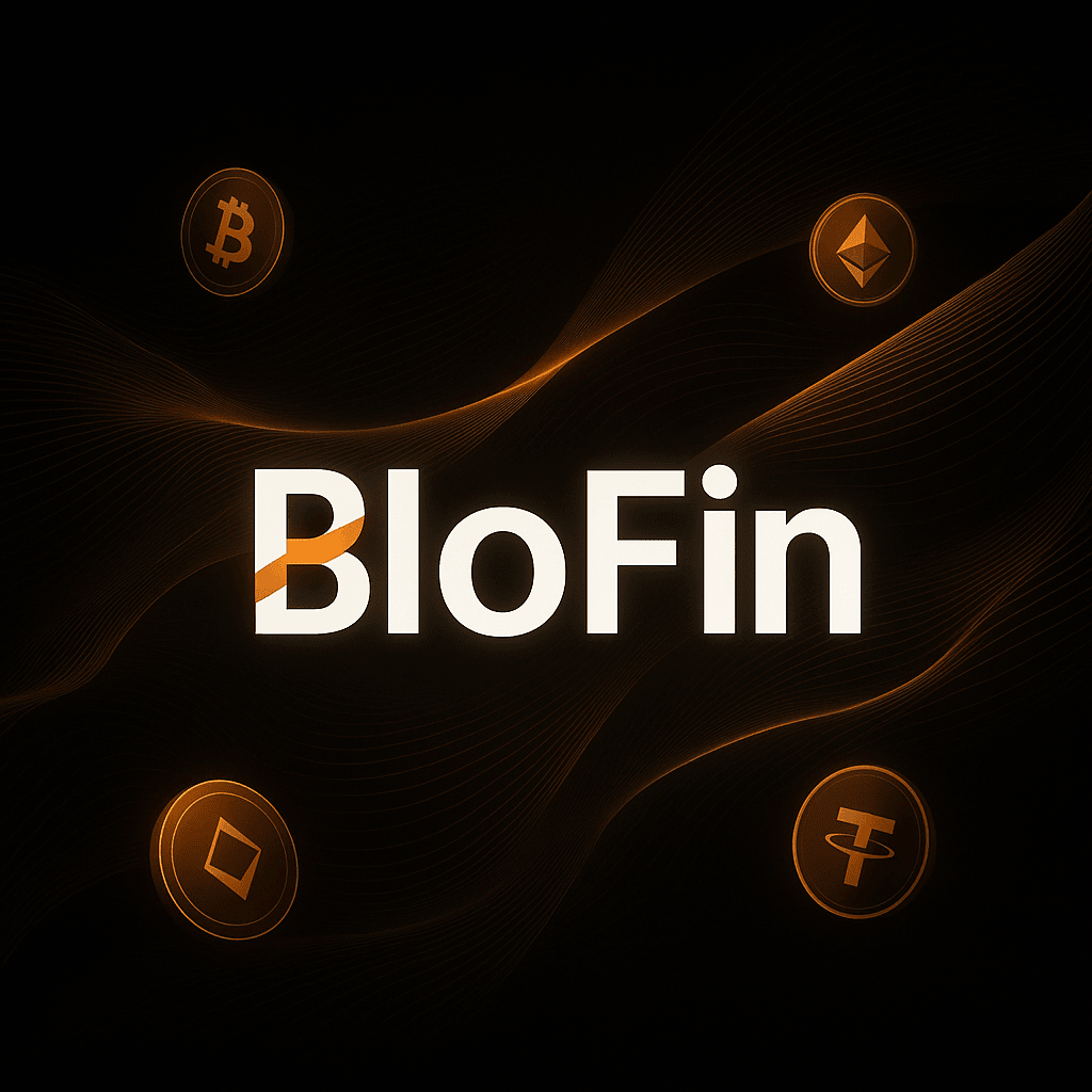 BloFin crypto exchange logo with glowing Bitcoin, Ethereum, and Tether coins on a dark digital background