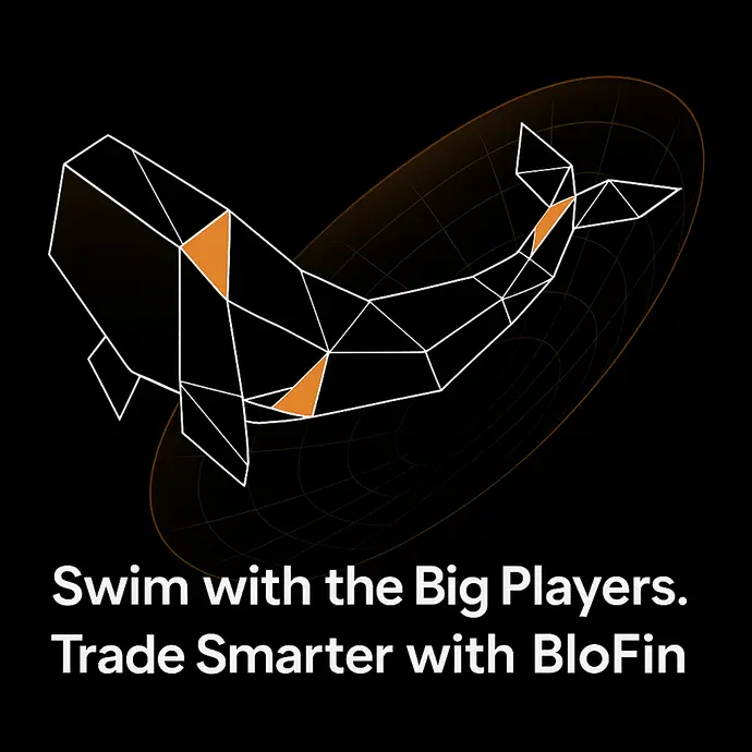 Geometric BloFin whale icon with a digital grid background and slogan promoting smarter cryptocurrency trading