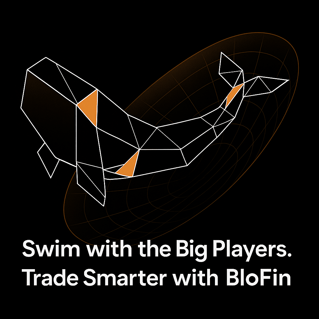 Geometric BloFin whale icon with a digital grid background and slogan promoting smarter cryptocurrency trading