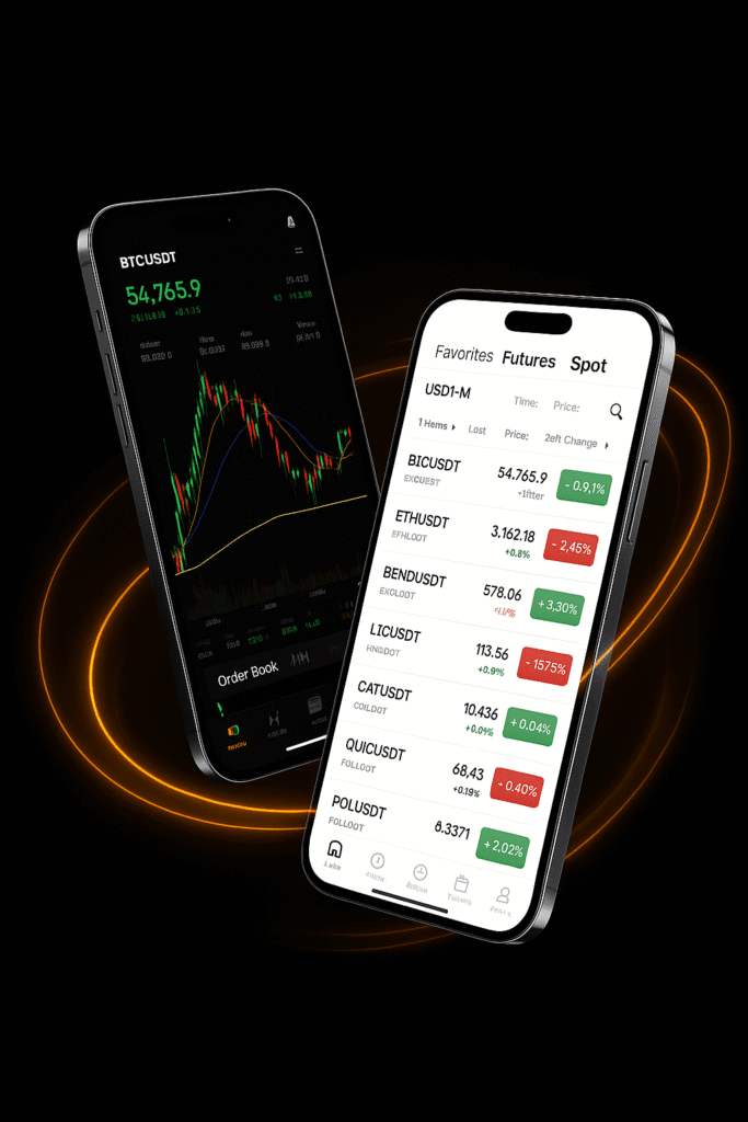 BloFin crypto trading app displayed on two smartphones showing real-time BTCUSDT chart and trading pairs with price changes on a dark background