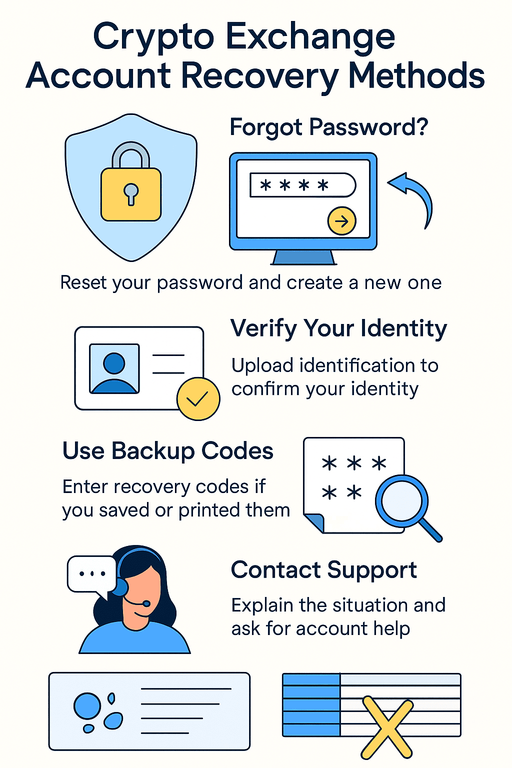 Infographic outlining four crypto exchange account recovery methods: reset password, verify identity, use backup codes, and contact support.