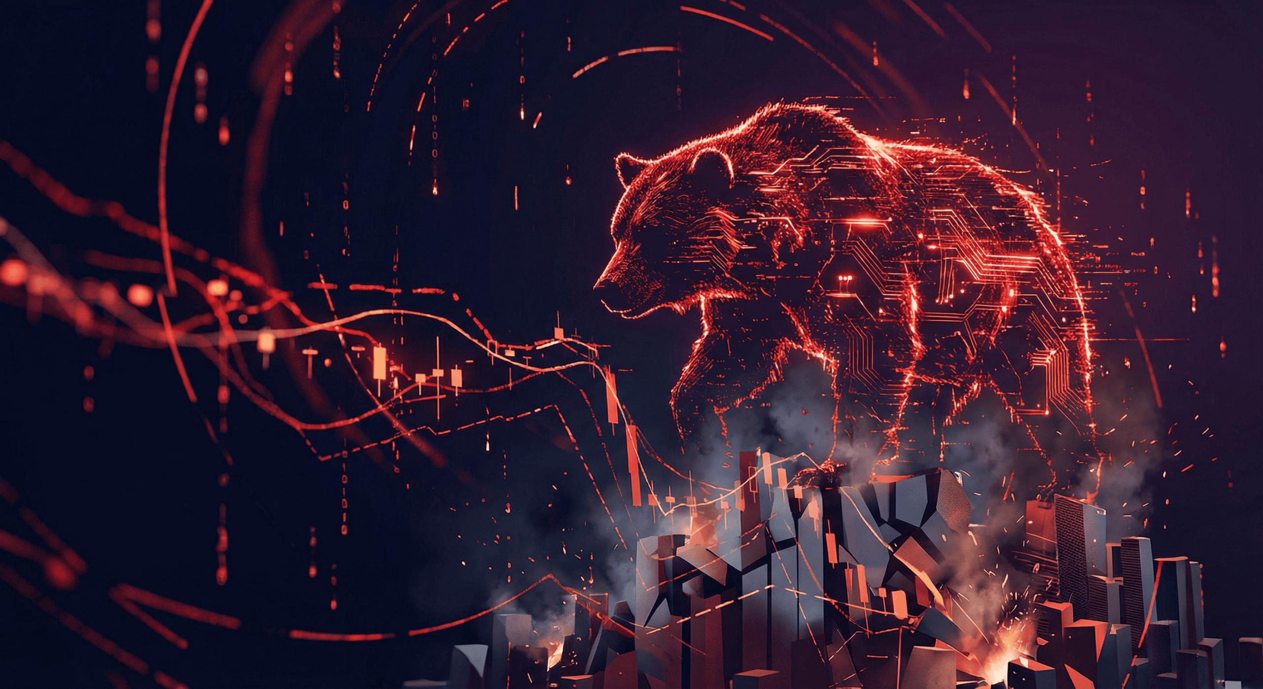 Glowing red digital bear representing crypto bear market fear and panic during Bitcoin crash