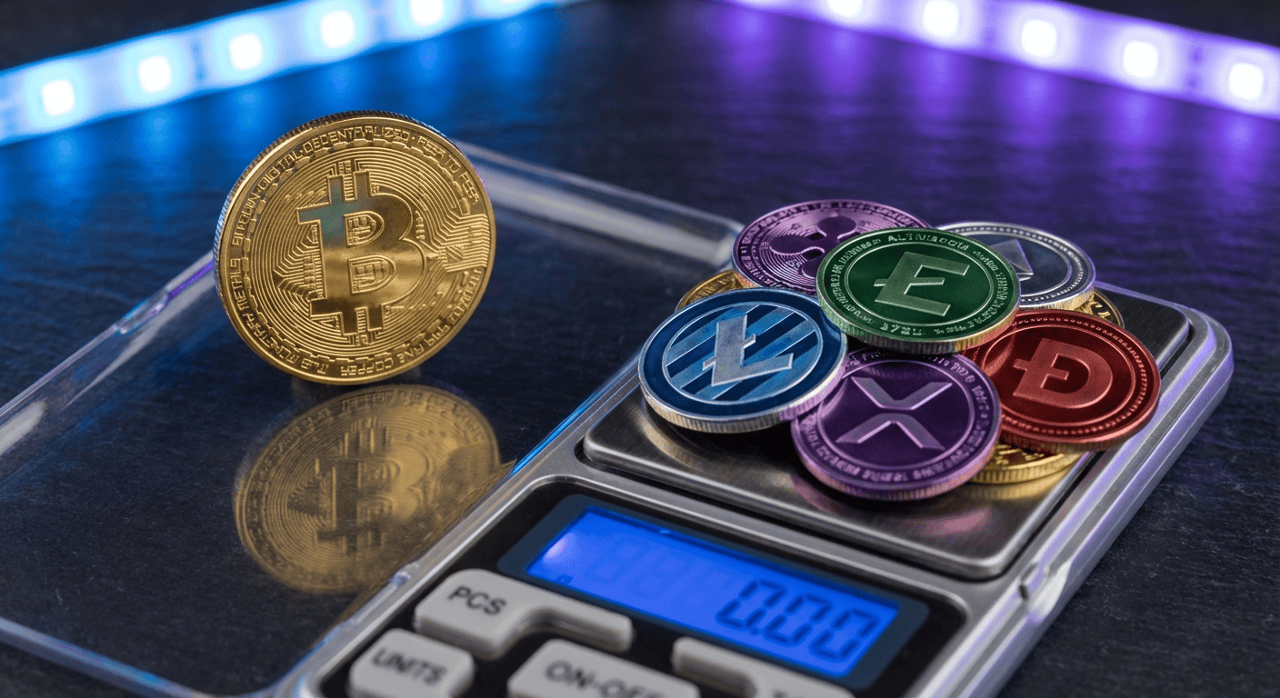 Bitcoin dominance versus altcoins shown with physical cryptocurrency coins on a digital scale