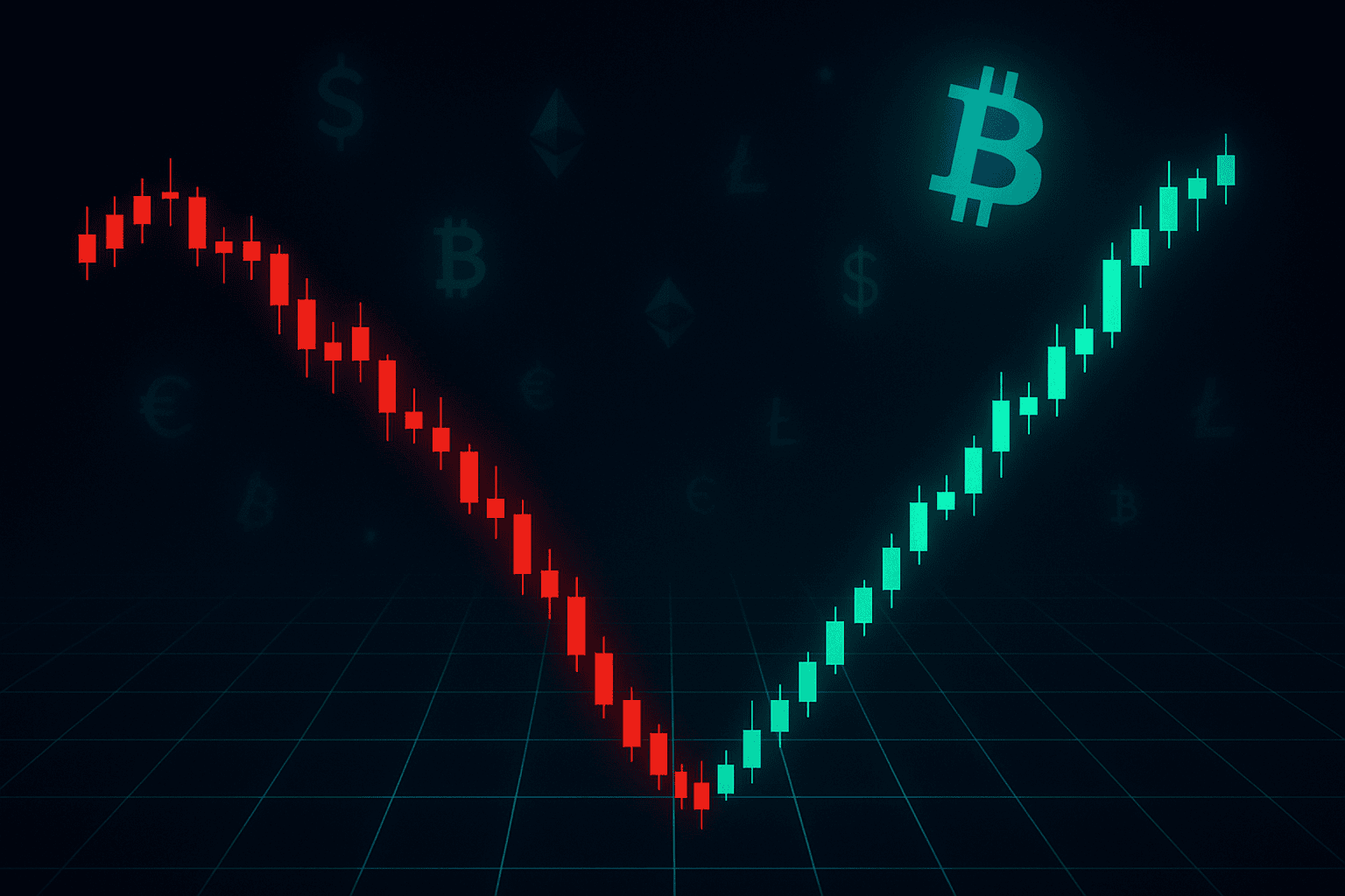 Crypto market weekly recap February 2026 - Bitcoin V-shaped recovery chart with candlesticks on dark background