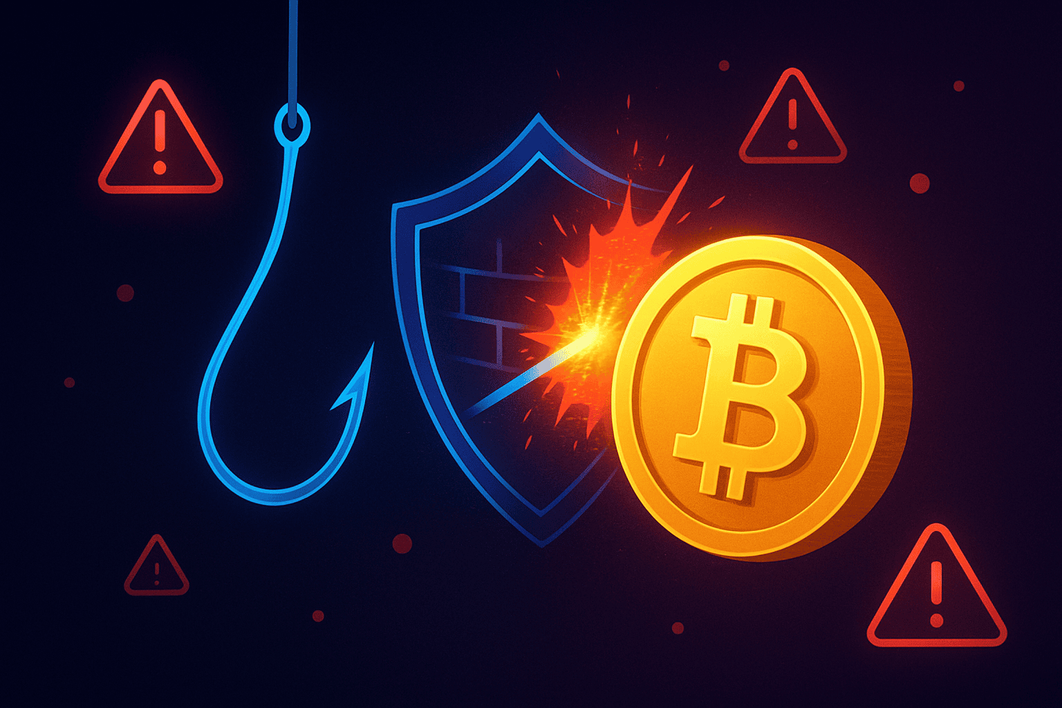 Visualization of crypto phishing attacks being blocked by a digital firewall shield