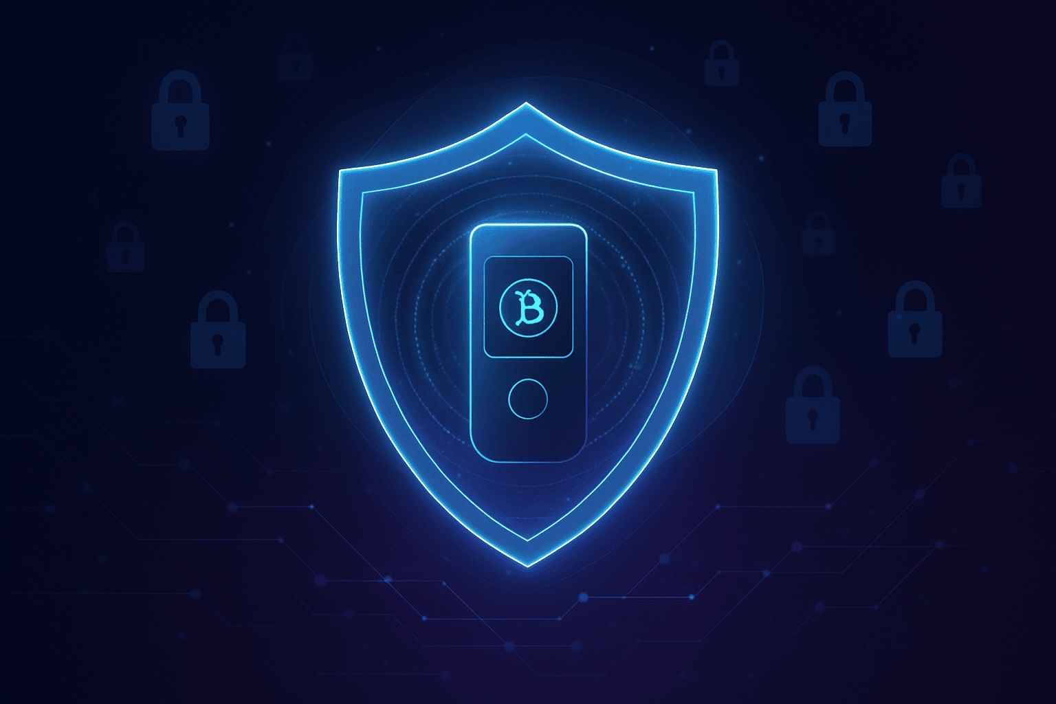 Digital shield protecting a cryptocurrency hardware wallet with holographic security layers