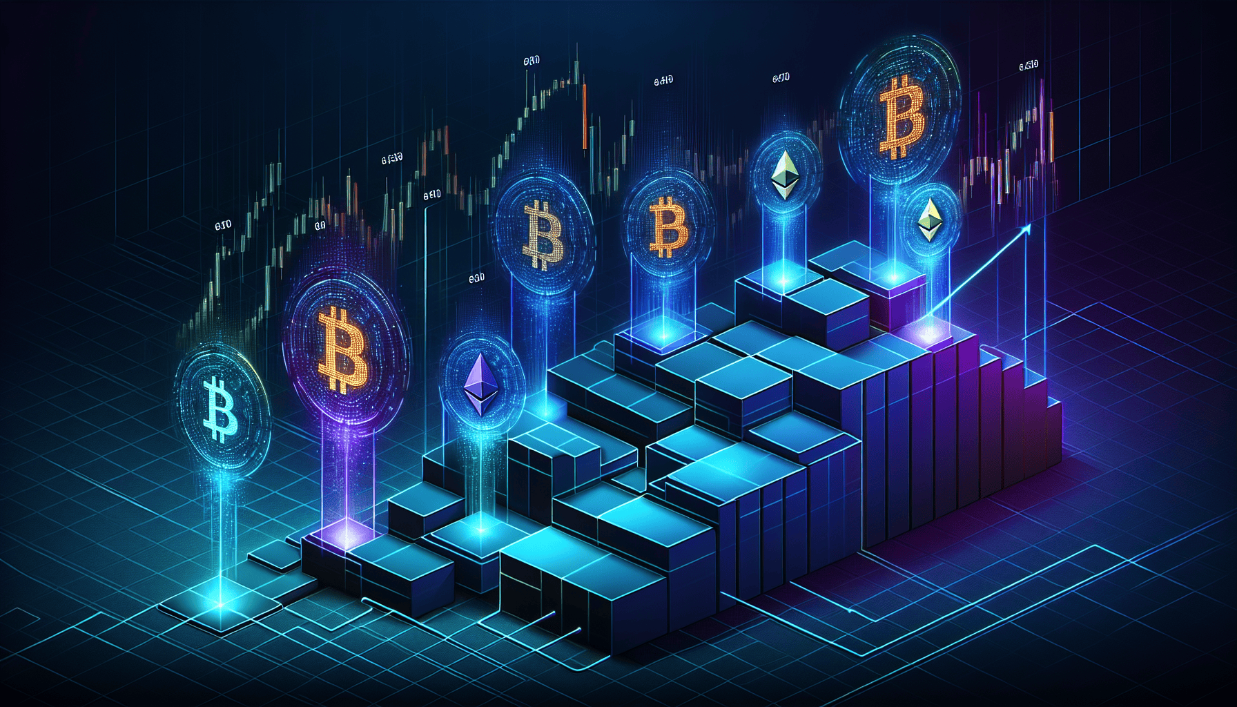 Dollar-cost averaging graduated buy-ins visualization with cryptocurrency symbols showing systematic investment approach