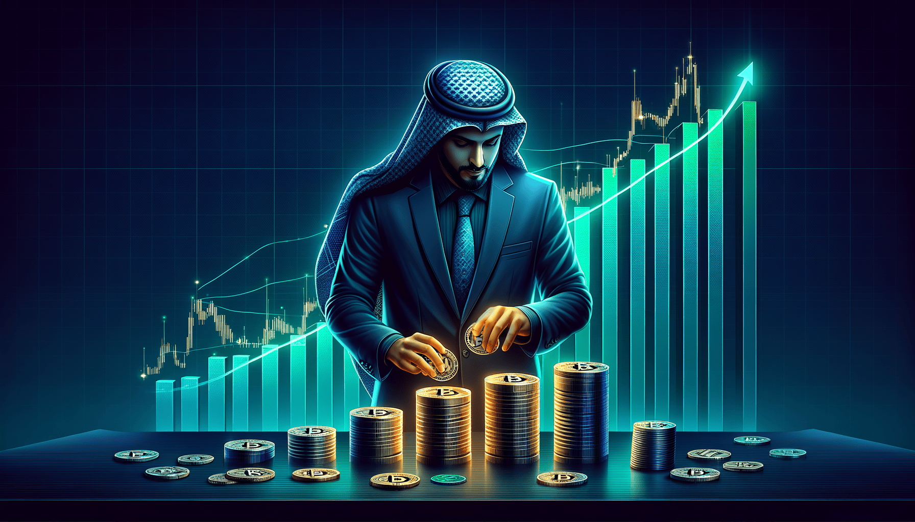 Dollar cost averaging into cryptocurrency - stacking coins with upward trending price charts