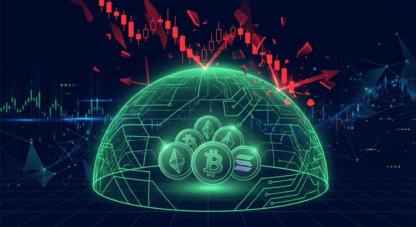 Crypto leverage trading risk management visualization showing protection against liquidation