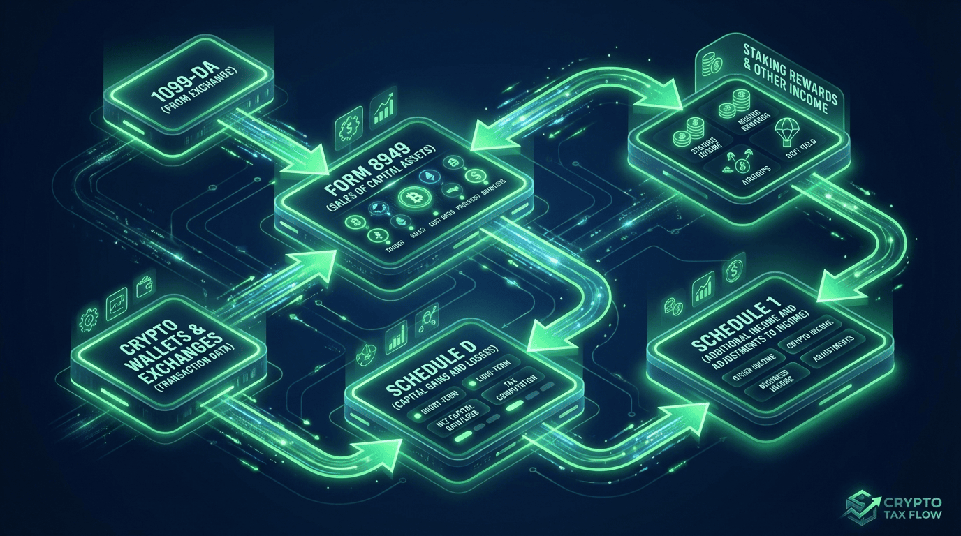 Crypto tax form flow chart showing how Form 8949, Schedule D, Schedule 1, and 1099-DA connect for the 2025 tax year