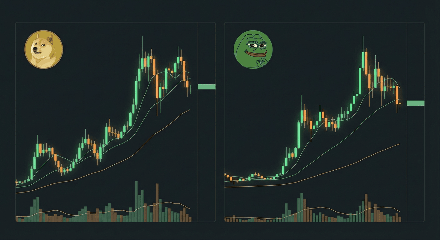 Meme coin trading dashboard with DOGE, PEPE, and WIF price action