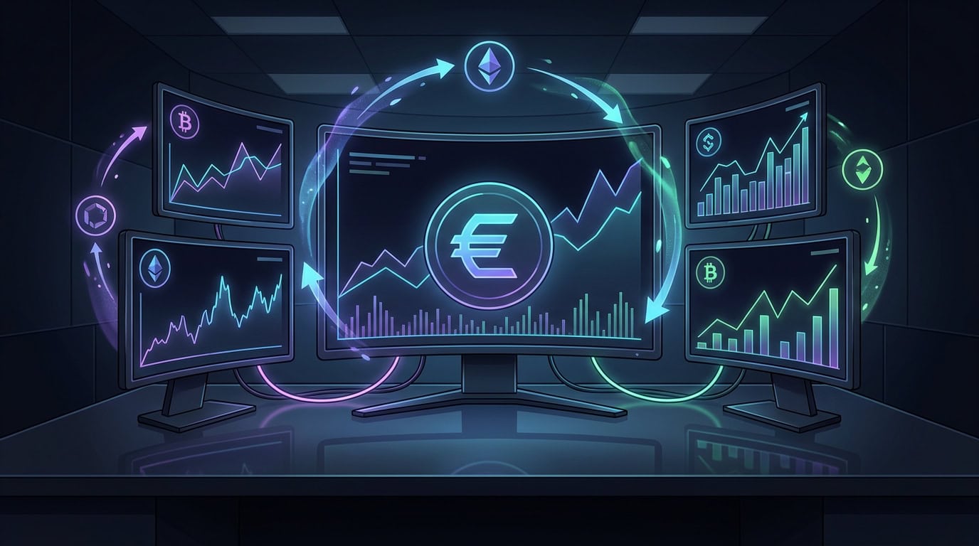 Ethereum and altcoin market rotation visual with dark trading screens