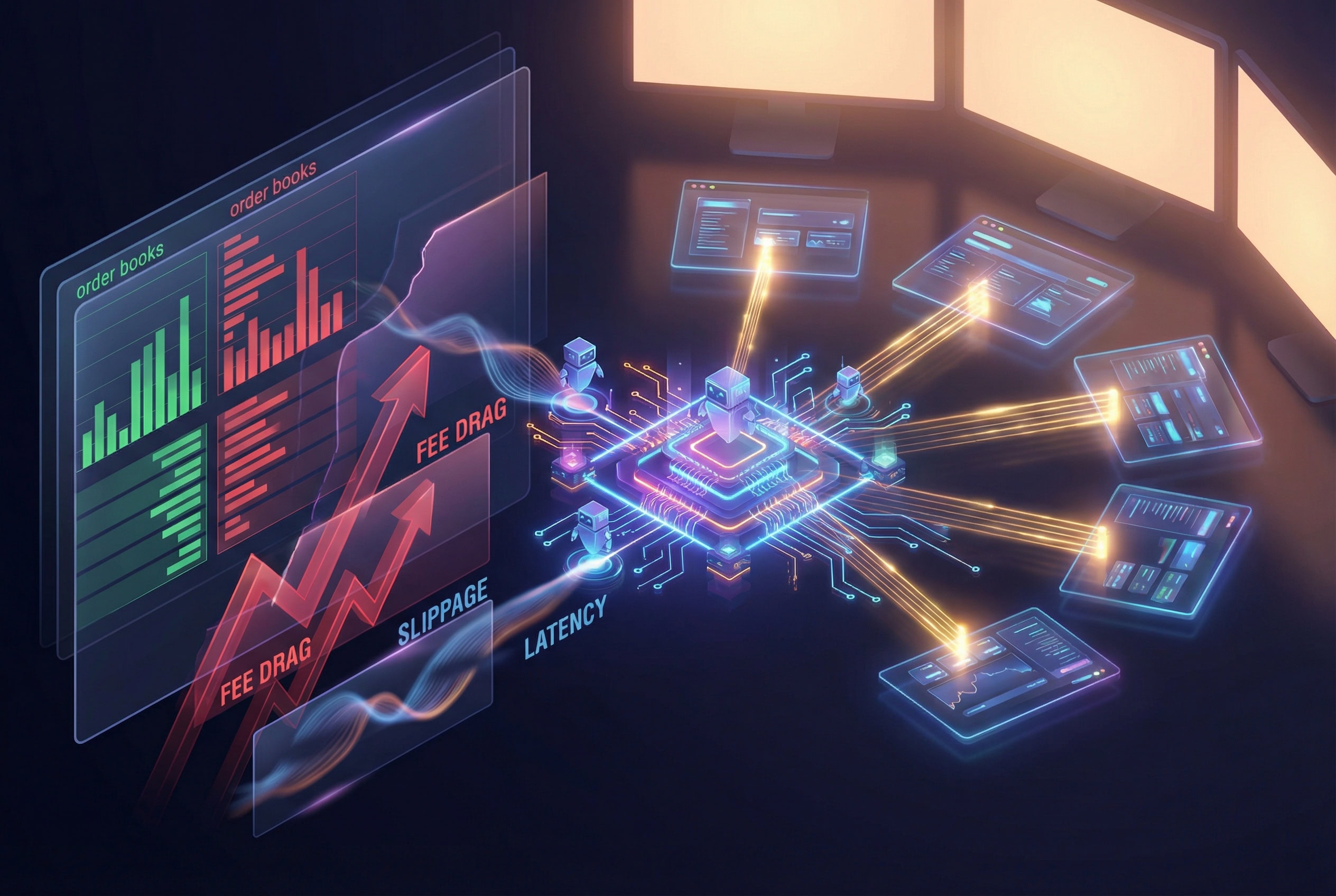 Abstract visualization of order books, fees, and latency affecting crypto arbitrage bots