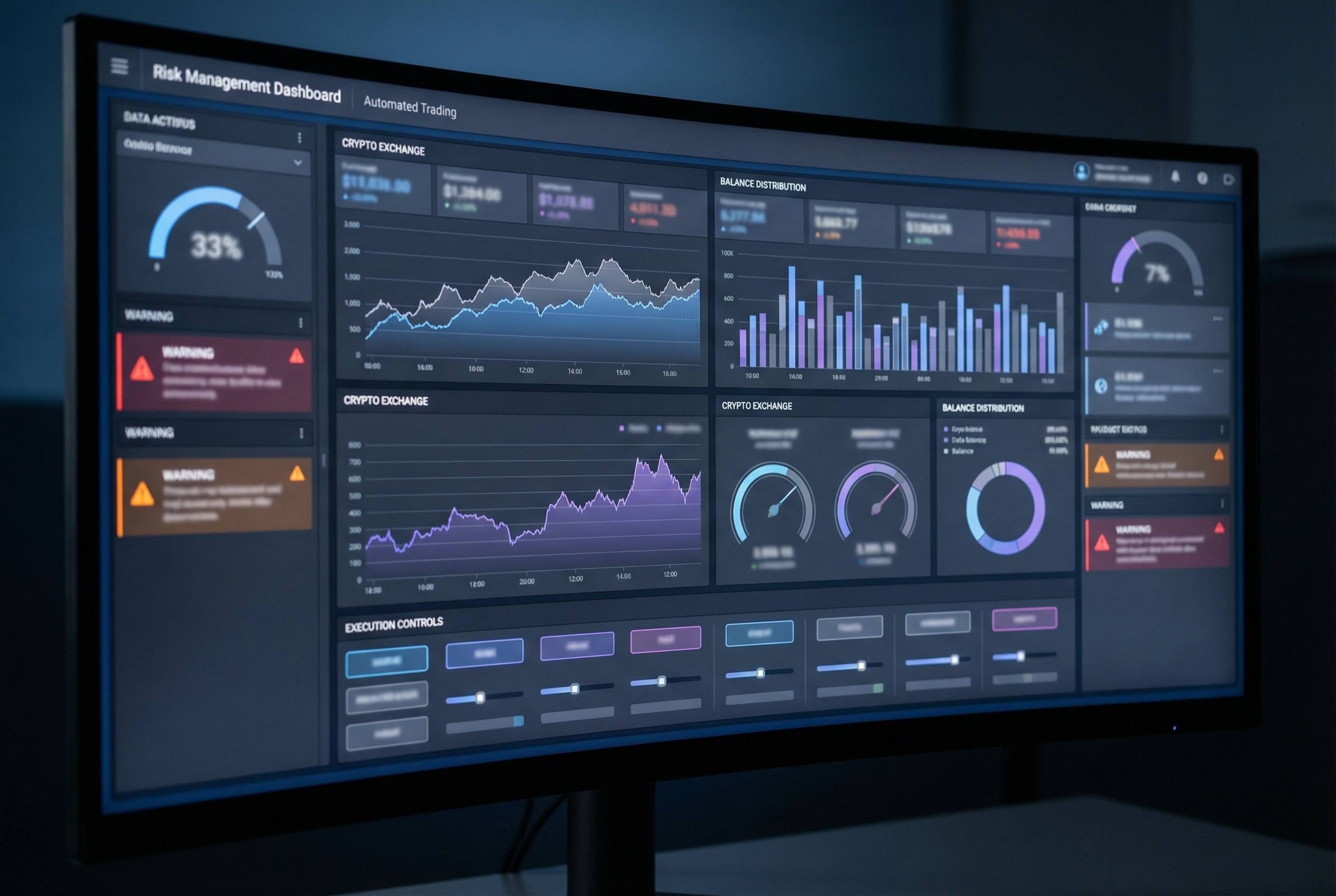 Dark dashboard tracking multiple exchange balances and risk controls for crypto arbitrage bots