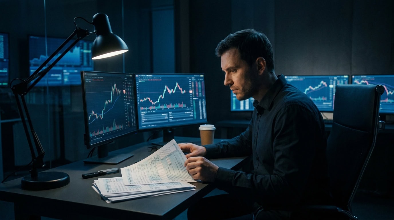 Crypto trader reviewing tax forms and market charts