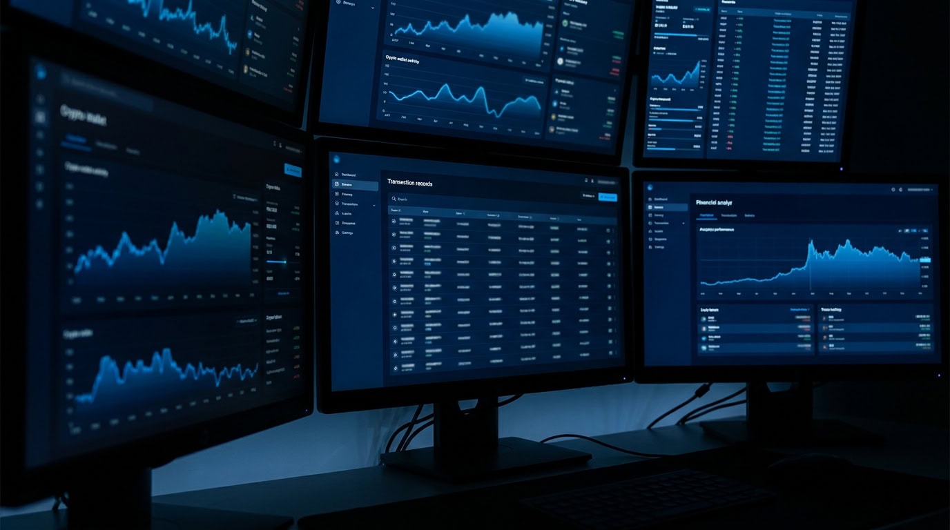 Trader reviewing crypto tax records and wallet transactions on multiple screens