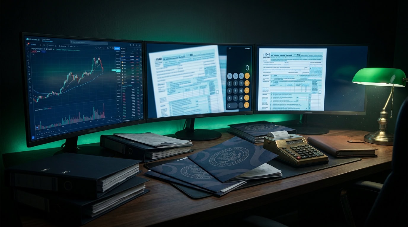Crypto taxes USA trader desk with charts and tax documents