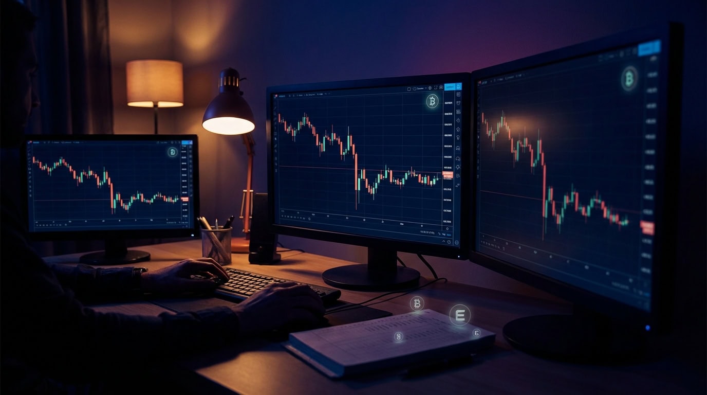 Dark crypto market chart showing cautious rebound and risk management focus