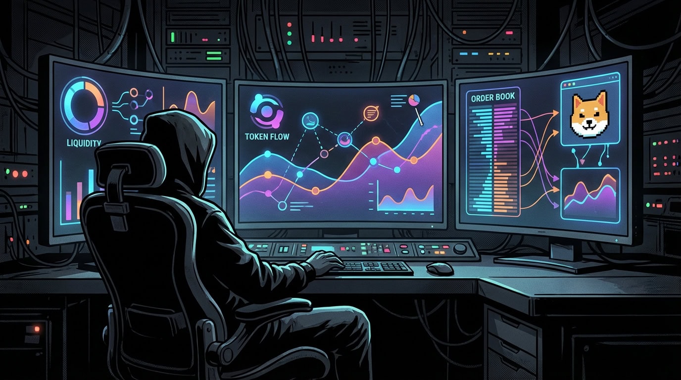 Trader comparing liquidity and token momentum on a meme coin trading platform dashboard