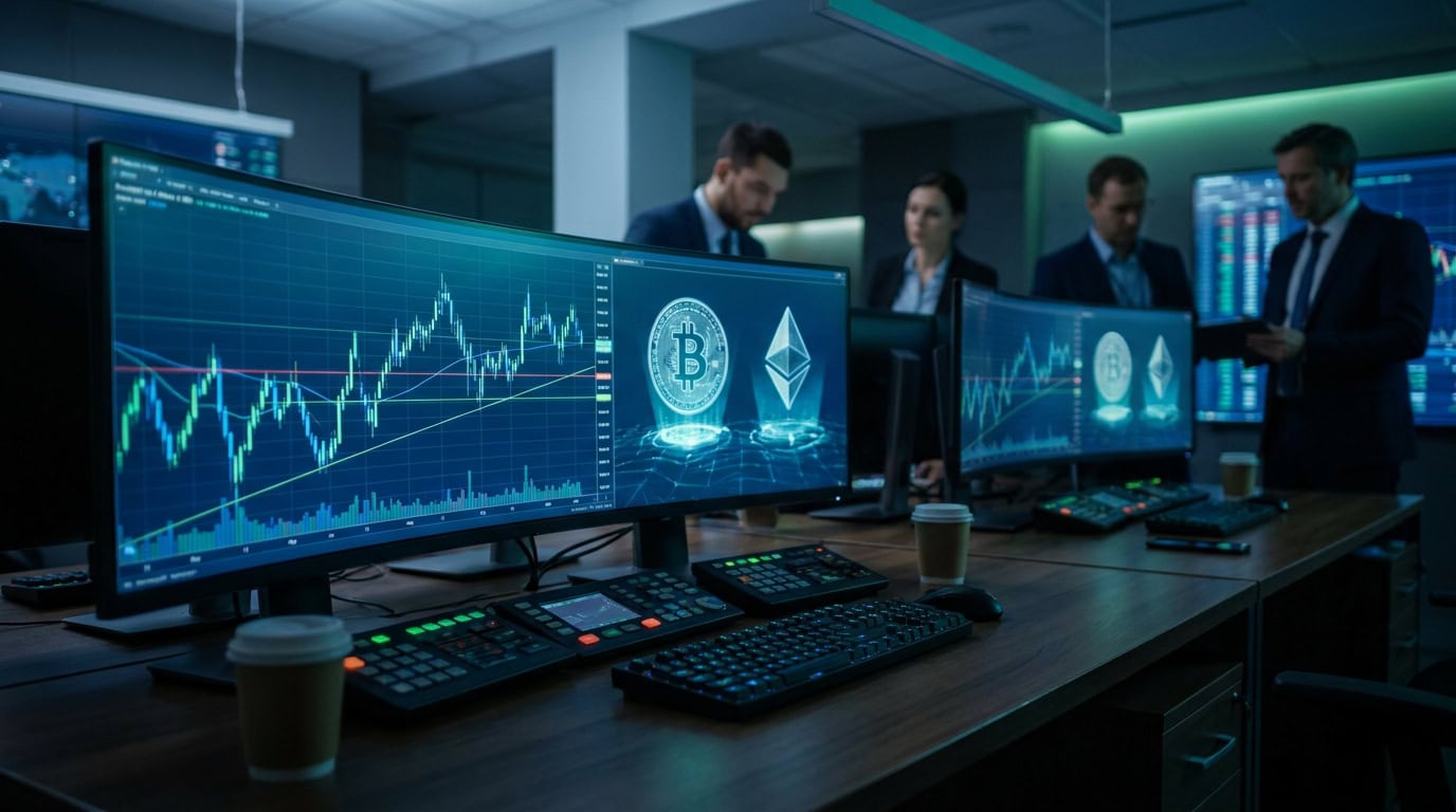 Abstract crypto market dashboard with glowing candlestick charts over a dark trading screen