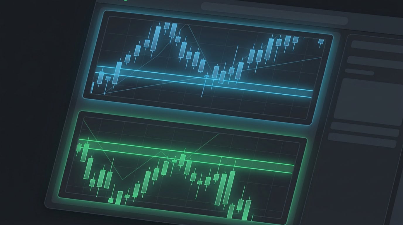 Bitcoin and Ethereum candlestick chart with support and resistance zones on a dark interface