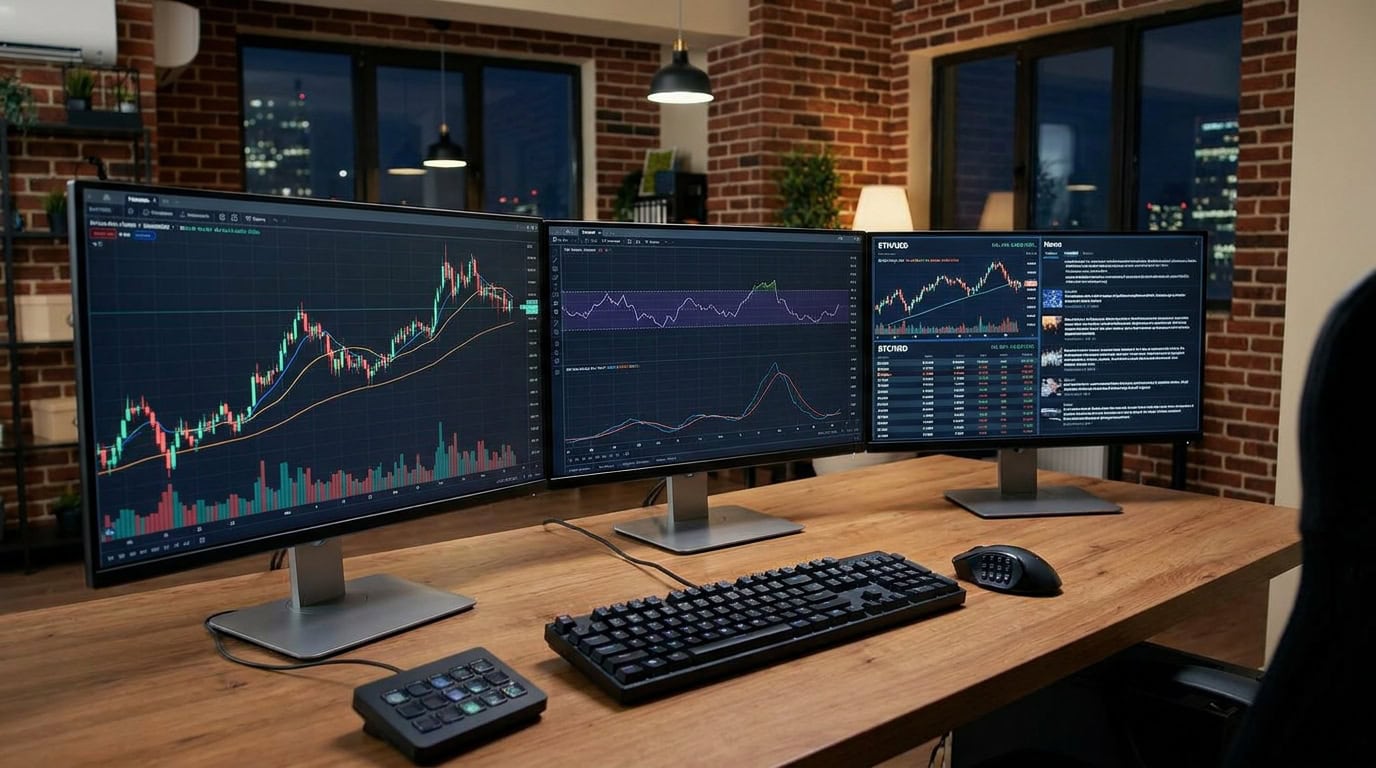 Trader desk with multiple monitors showing RSI moving averages and crypto volume data
