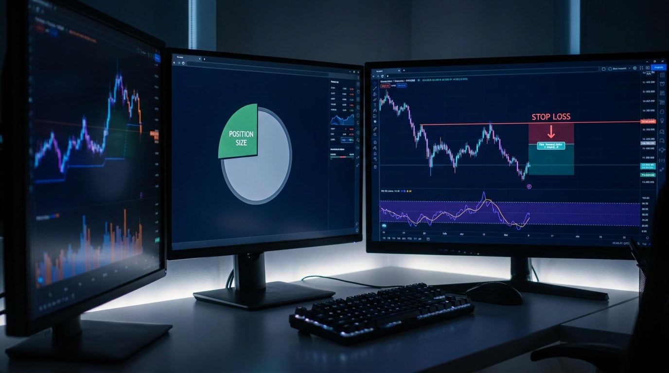 Crypto trading tools risk management display with position sizing and stop loss setup