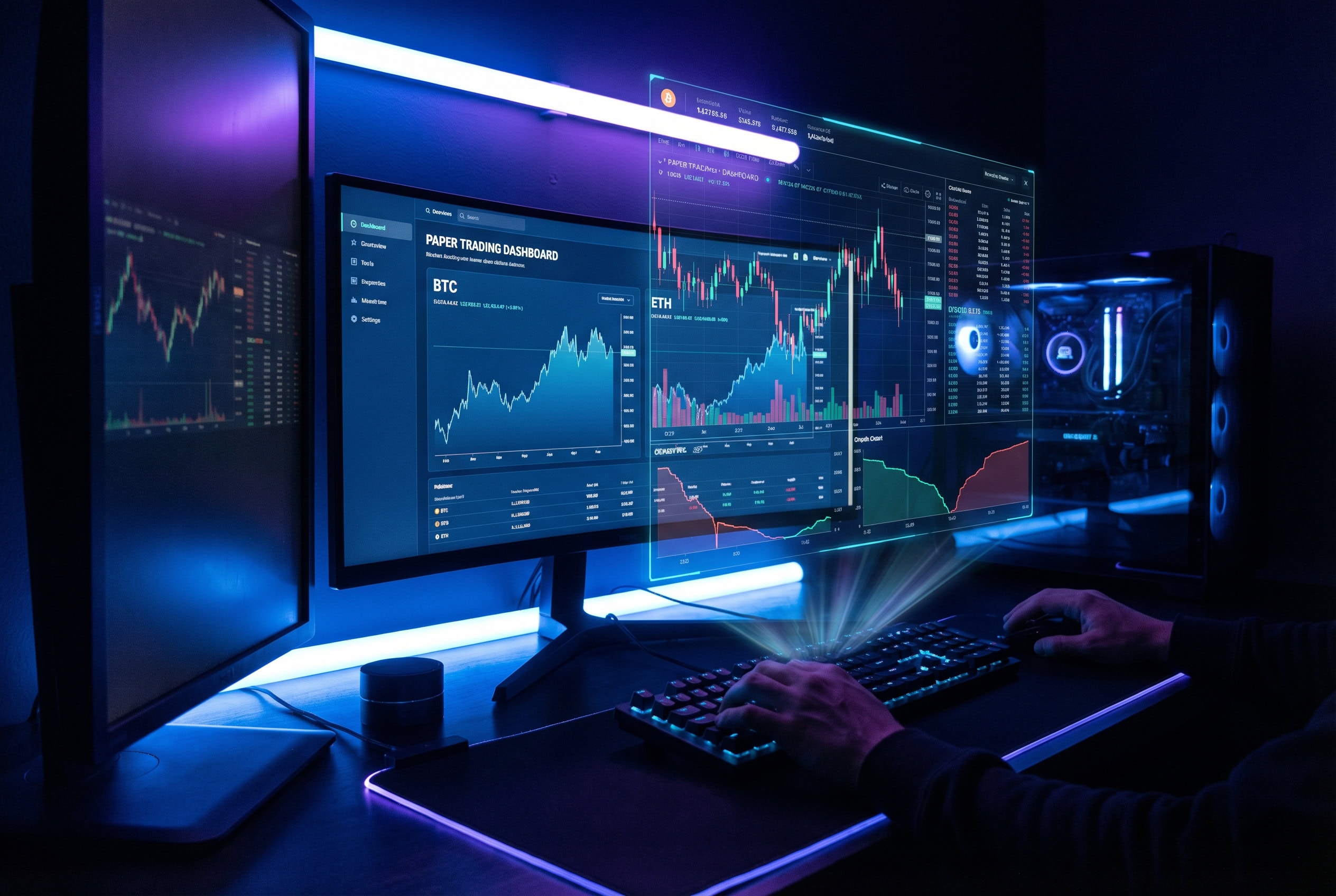 Crypto trading simulator hero image with dark market dashboards