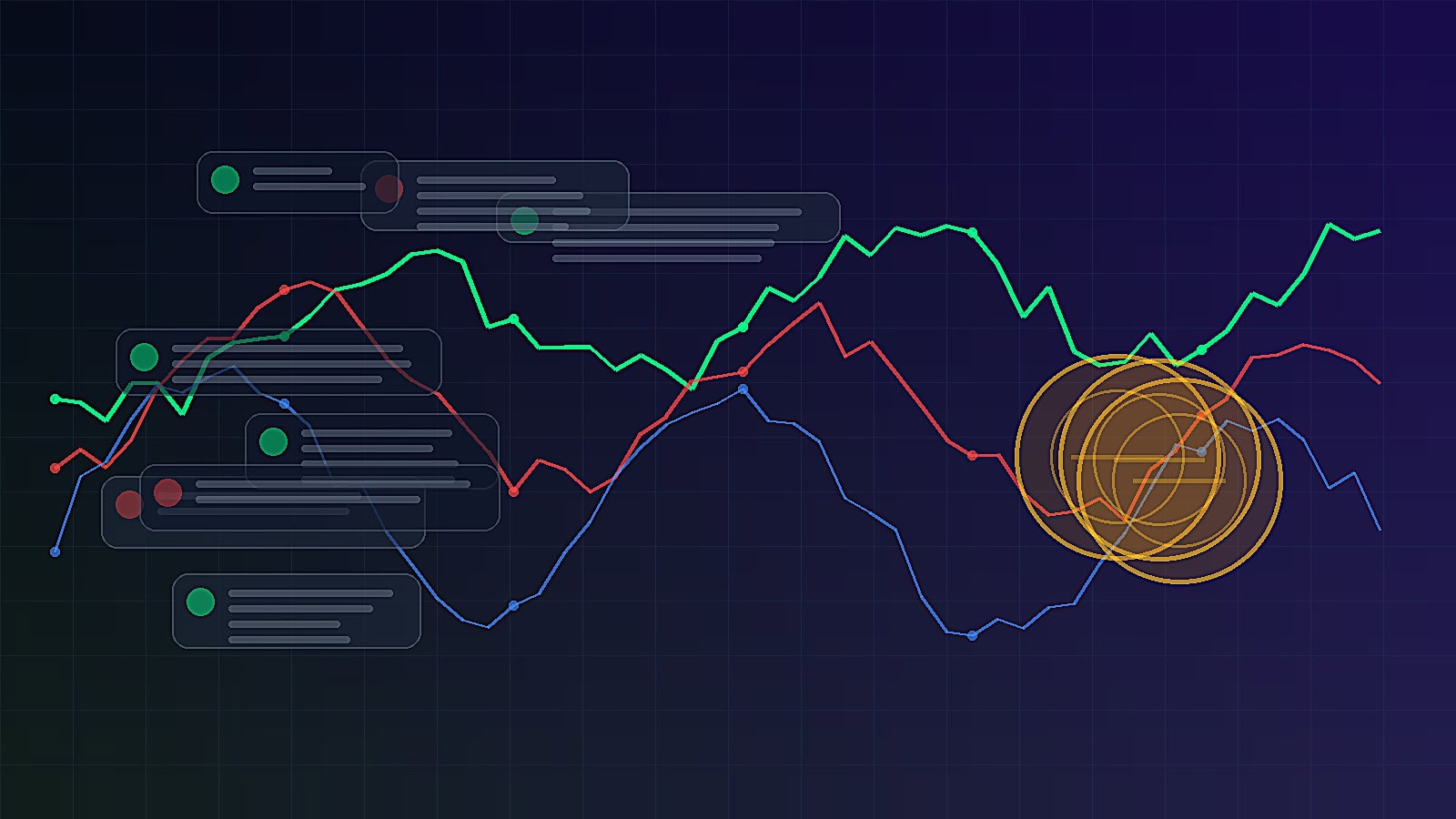 Abstract crypto trading group dashboard with market signals