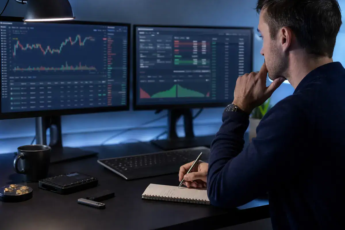 Trader comparing crypto exchange fees and tools
