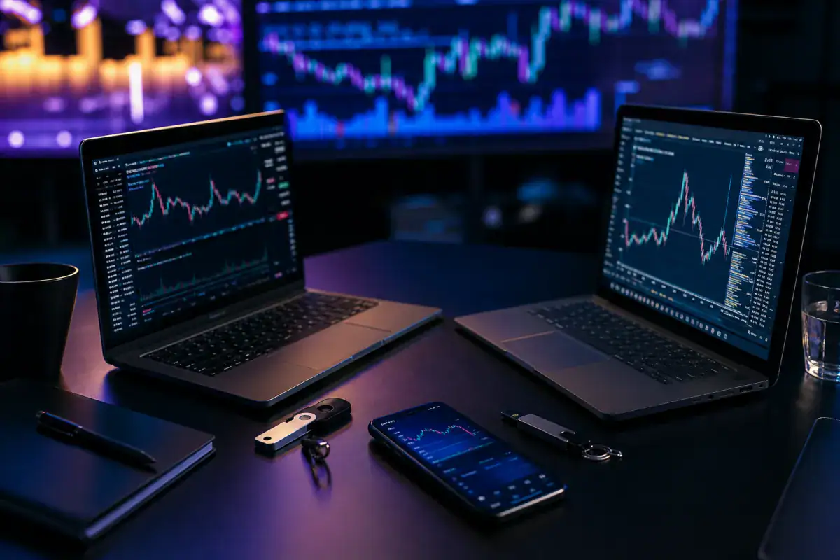 Two crypto trading workstations compared side by side